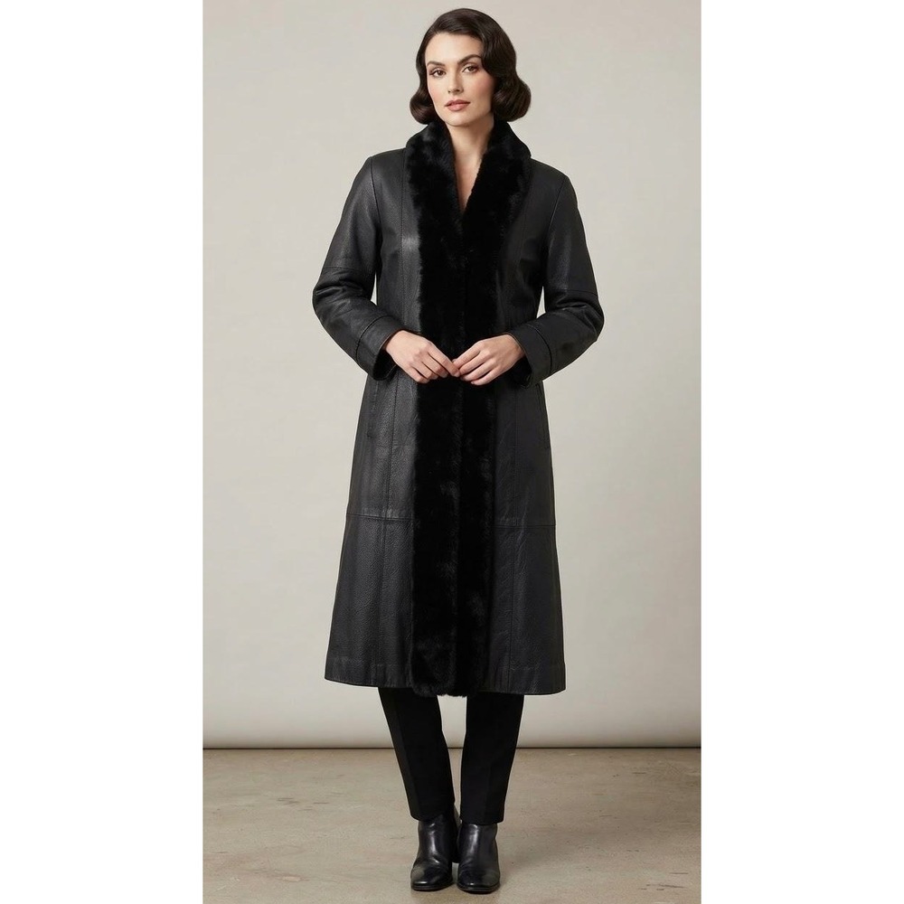 Vintage Northern Style Leather Trench Coat Faux Fur Trim Duster Womens Size 8